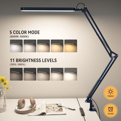 SKYLEO Desk Lamp - LED Desk Light - 5 Color Modes X 11 Brightness Levels - Adjustable Swing Arm - Timmer & Memory Function - 12W Lamp for Desk - Blue - style: Blue swing arm