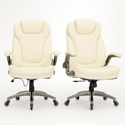 COLAMY Ergonomic Office Chair, Set of 2 Boxes, High Back Leather Desk Chair with Flip-up Arms, Adjustable Height & Rocking Function, Silent Wheels, Ivory Executive Computer Chair, 300lbs Capacity - color: Iovry White, size: set of 2