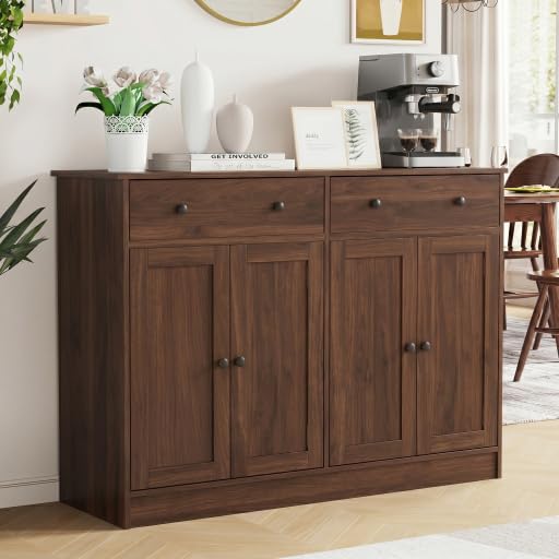 holzart 49" Brown Buffet Cabinet with Doors & Drawers, Modern Kitchen Storage Sideboard, Coffee Bar Console Table for Dining Room, Living Room, Entryway - color: Brown, size: 4 doors & 2 drawers