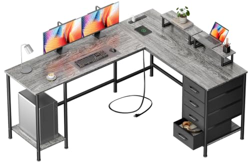 Korfile 66" L Shaped Computer Desk, 94.4'' Home Office Desk with Power Outlets, 4 Adjustable Storage Drawers & 2 Monitor Stands, Large Two Person Gaming Table for Writing Study, Grey - color: Grey, size: 66 Inch