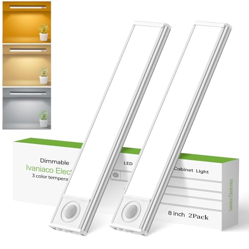 8inch Under Cabinet Lights,60 LED,USB-C 1800mAh Rechargeable Battery,3 Color Temperature,Dimmable,Motion Sensor Cordless Under Counter Light for Wardrobe,Bedroom,Kitchen,Stairs(2pack 3CCT) - size: X-Small