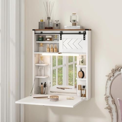 ARTETHYS Floating Vanity with Mirror & Lights White Wall Mounted Makeup Set | 3 Color Adjustable Magnetic Lights, Storage Shelves, Fold Down Desk, Farmhouse Dressing Table for Tiny Space - color: White