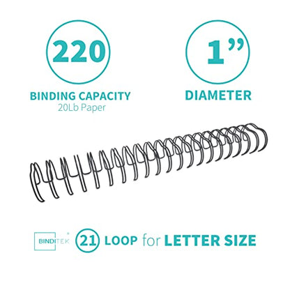 Binditek 50 Pack Double Loop Wire Binding Spines, 1Inch Binding Wire for Letter Size, 2:1 Pitch, 220 Sheet Capacity, 21-Loop, Black, for Students and Coworkers | Wire Binding Spines for Letter Size, 21-Loop, 220 Sheet Capacity, for Reports, Manuals and Pr