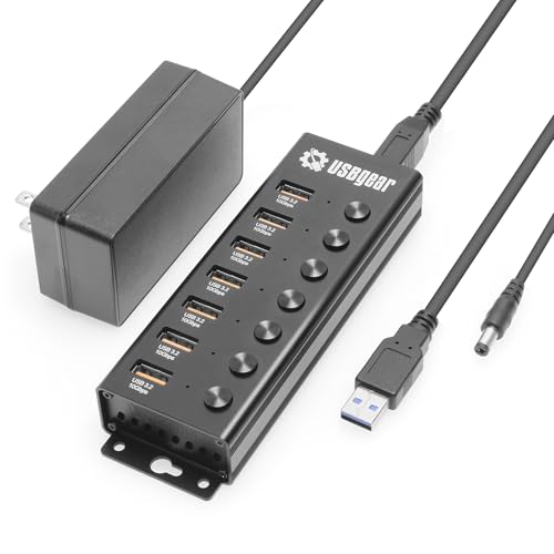 USBGear 7 Port USB 3.2 Hub – 10Gbps 48W Charging Hub with Individual On/Off USB Ports for Laptop, PC, Desktop, 12V/4A Power Adapter with Type-A to Type-B Cable (3ft), Computer Accessories - style: 7 Port Hub w/Power Switches