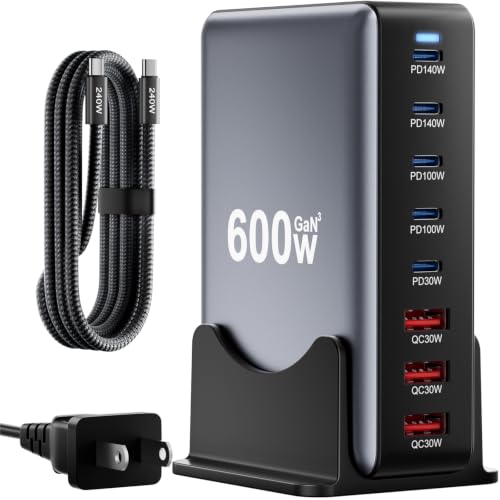 600W Fast Charging 8 Port USB C Charger Block with Nylon Fast Charging Cable, Multi-Device Charging Station Wall Desktop Charger with GaN Ⅲ Technology, USB-C Charger Adapter for MacBook/iPad/iPhone 17 - size: 600 W