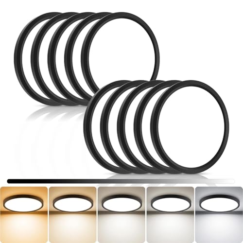 libtit 10Pack 7inch LED Flush Mount Ceiling Light, Dimmable & 5Color Temperatures (3000K-6500K), 15W Round Slim Black Light Fixture for Closet Hallway Kitchen Bathroom Laundry - color: Black, size: 7inch-10pack