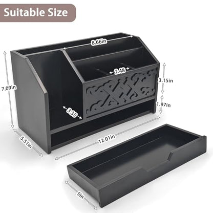 Black Wooden Mail Organizer with Drawer, Three Tiered Desk Accessories for Office Organization and Storage, Stylish Countertop Document Storage, Home/Office/Classroom Supplies (Black03) - style: Black03
