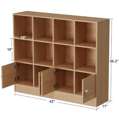 Cozy Castle Oak Wood Bookcase, 12 Cube Display Shelf with 4 Doors, 3 Tier Open Bookshelf with Adjustable Shelves for Living Room, Home Office, Entryway - color: Oak