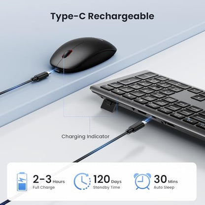TECKNET 2.4G Rechargeable Ultra-Slim Wireless Keyboard and Mouse Combo | 2.4G Stable Connection, Full-Size Scissor Switch Keyboard with 12 Multimedia Keys, Silent Mouse, Ergonomic Design, Grey - color: Gray
