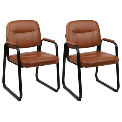 CLATINA Waiting Reception Chairs No Wheel, Leather Guest Chair with Padded Arms, Modern Brown Office Desk Chairs with Sled Base for Office Meeting Conference Room Lobby Home Living Room (2 Pack) - color: Brown-sled Base, size: 2pack