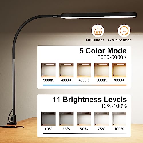 SKYLEO Led Desk Lamp - Desk Light for 33.5" Tall - Flexible Gooseneck - 5 Color Modes X 11 Brightness Levels - 1300LM - Timmer & Memory Function - 12W Clip on Light - Black - style: Black gooseneck
