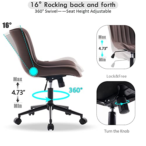 YOUNIKE Office Desk Chair with Wheels Armless Vanity Chair Modern Brown | Faux Leather Upholstered with Rocking Back, Swivel Height Adjustable Small Cute Computer Rolling Task Chair Ergonomic 300lb - color: Brown, size: Base Black