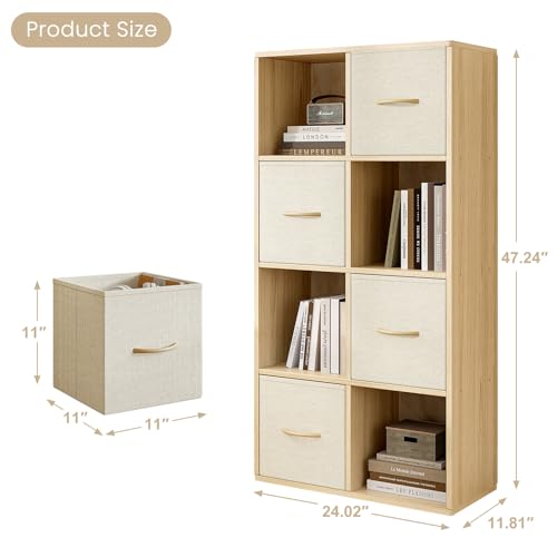 EXPERLAM 8 Cube Storage Organizer - Solid Wood Bookshelf with 4 Storage Bins, Cube Shelf with 2 Removable Back Panels, Vertical or Horizontal Bookcase, Open Book Shelf for Bedroom, Living Room, Office - size: 8 Cube Shelf