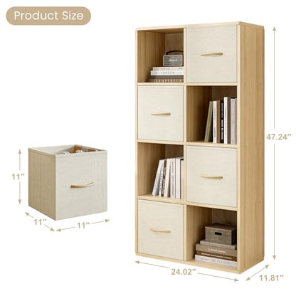 EXPERLAM 8 Cube Storage Organizer - Solid Wood Bookshelf with 4 Storage Bins, Cube Shelf with 2 Removable Back Panels, Vertical or Horizontal Bookcase, Open Book Shelf for Bedroom, Living Room, Office - size: 8 Cube Shelf
