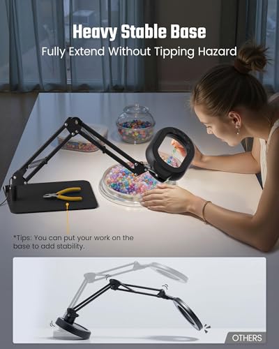 Square Magnifying Desk Lamp, Magnifying Glass with Light and Stand | 10X Dimmable LED Hands-Free Mag Magnifier Lamp with Clamp and Base, Swing Arm Light for Close Work, Reading, Crafting, Black