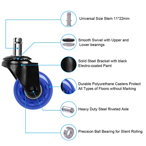 Hirate 2 inch Office Chair Caster Durable PU Wheel Replacement Set of 5 Blue - color: Blue, size: 2 inch