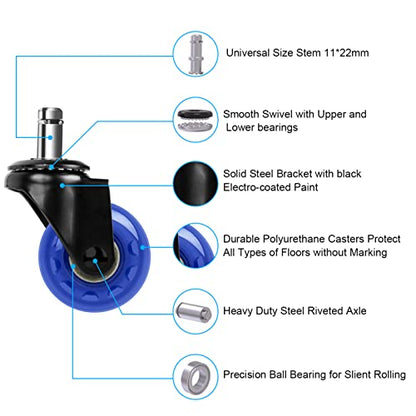 Hirate 2 inch Office Chair Caster Durable PU Wheel Replacement Set of 5 Blue - color: Blue, size: 2 inch