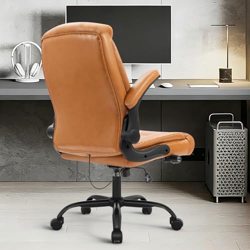 Executive Office Chair,Big and Tall Ergonomic Desk Chair with Adjustable Lumbar Support,Breathable PU Leather Computer Chair wih Flip-up Arms and Wheels, Camel - color: Camel-