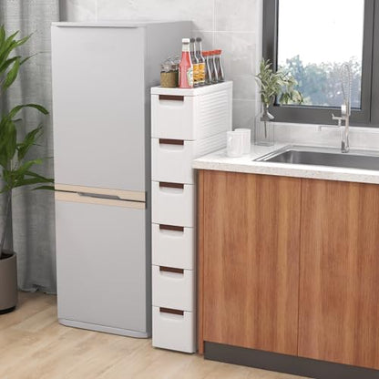 LOKO 6-Drawer Narrow Storage Cabinet, Slim Rolling Cart, Mobile Plastic Cart Container with Pull Handles, Built-in Wheels, for Living Room, Kitchen, Bathroom, Office (7.5"x16.5"x43" (6 Drawer)) - size: 7.5"x16.5"x43" (6 Drawer)