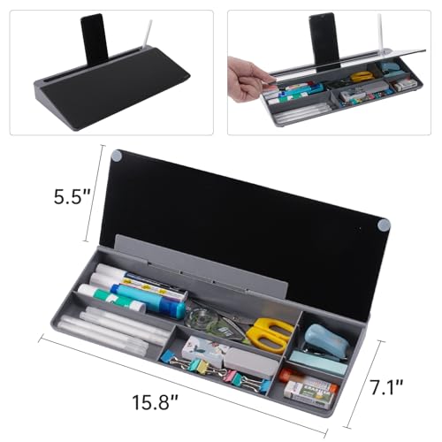 TSJ OFFICE Desktop Whiteboard Dry-Erase-Board - Computer Keyboard Stand White Board Surface Pad with Drawer, Desk Organizers with Accessories for Office, Home, School Supplies - Black＆Grey - color: Grey Base/ Black Glass