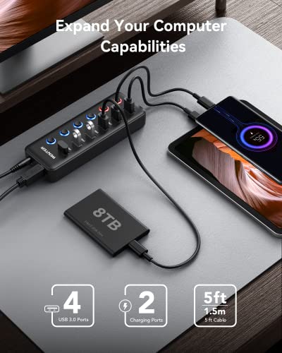 Powered USB Hub, Wenter 6-Port USB 3.0 Hub Splitter (4 USB 3.0 Data Ports + 2 QC 3.0 Fast Charging Ports) with Individual LED On/Off Switches, USB Hub 3.0 Powered with 36W AC Adapter for Mac, PC - size: 4 USB 3.0 Ports + ２Fast Charging ports