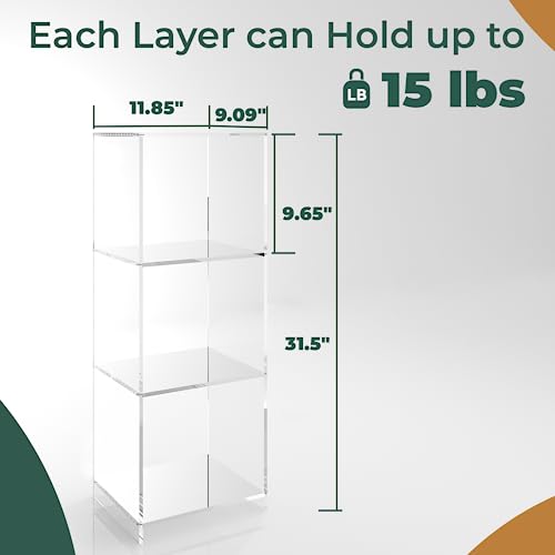 Acrylic Bookcase, 3 Tier Clear Floor Standing Bookshelf, 31.5 inch Tall Display Cube Storage Shelf Home Decor Furniture for Home, Office, Living Room, Bedroom