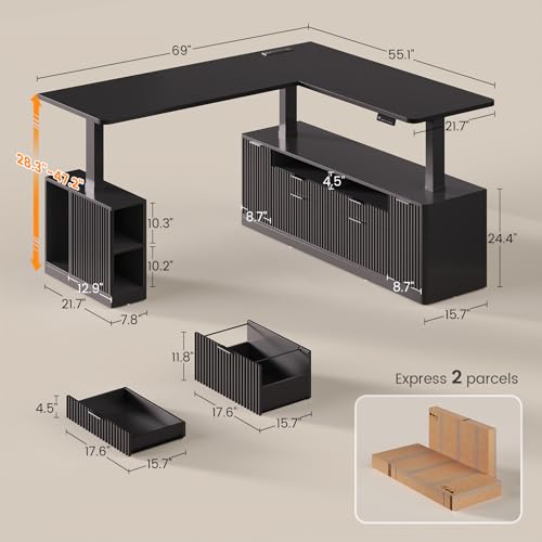 SEDETA L Shaped Electric Standing Desk, 69" x 55"Height Adjustable Office Executive Desk with 4 Drawers and Storage Shelves, Fluted Sit Stand Computer Desk with Power Outlet for Home Office (Black) - color: Black