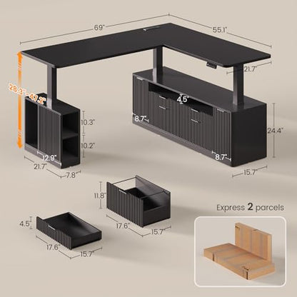 SEDETA L Shaped Electric Standing Desk, 69" x 55"Height Adjustable Office Executive Desk with 4 Drawers and Storage Shelves, Fluted Sit Stand Computer Desk with Power Outlet for Home Office (Black) - color: Black