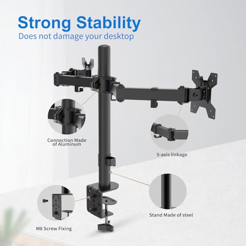 Dual Monitor Mount for 17-27 Inch Monitors up to 17.6 lbs, Desk Clamp