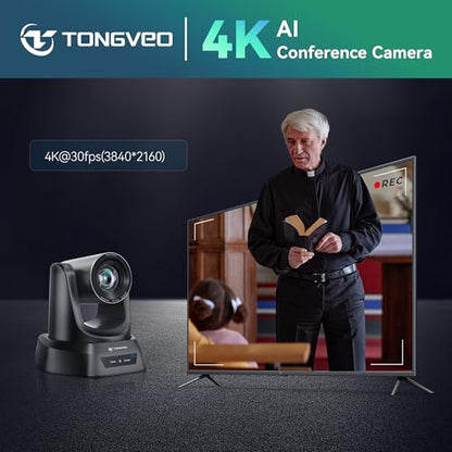 TONGVEO 4K AI PTZ Camera with Auto Tracking and 20X Optical Zoom, Conference Room Webcam with HDMI/USB3.0/LAN/PoE, Ideal for Church Worship, Zoom Meetings, Live Streaming and Education - color: Coal