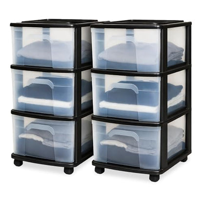 HOMZ Drawer Tower 3-Tier Storage Cart, Removable Wheels, Black Frame,2 Pack - color: Black, size: 2 Pack