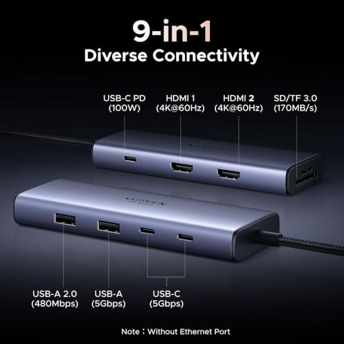UGREEN USB C Docking Station Dual Monitor, 9-in-1 Aluminum Dock with 2xHDMI