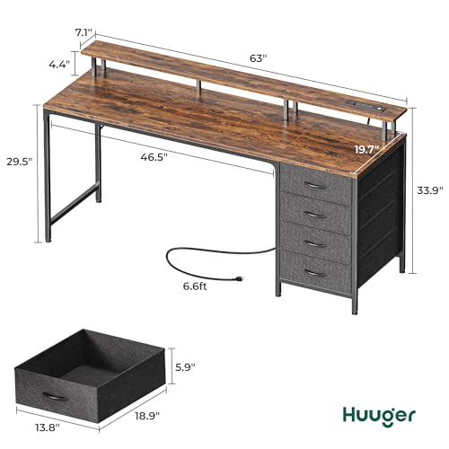 Huuger 63 Inch Rustic Brown Gaming & Office Computer Desk with 4 Drawers, Monitor Stand, LED Lights & Power Outlets - color: Rustic Brown, size: 63 INCH