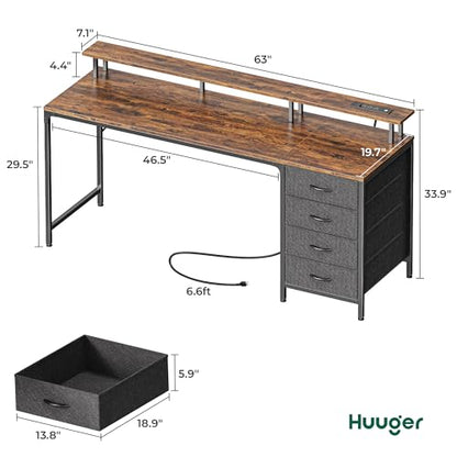 Huuger 63 Inch Rustic Brown Gaming & Office Computer Desk with 4 Drawers, Monitor Stand, LED Lights & Power Outlets - color: Rustic Brown, size: 63 INCH