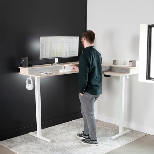 VIVO Corner Standing Desk - color: Light Wood Top / Black Frame, size: 63" x 55"