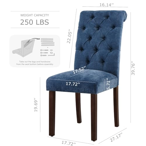 COLAMY Button Tufted Dining Chairs Set of 2, Parsons Upholstered Fabric Dining Room Chairs Kitchen Chairs with Wood Legs and Padded Seat, Blue - color: Blue, size: set of 2