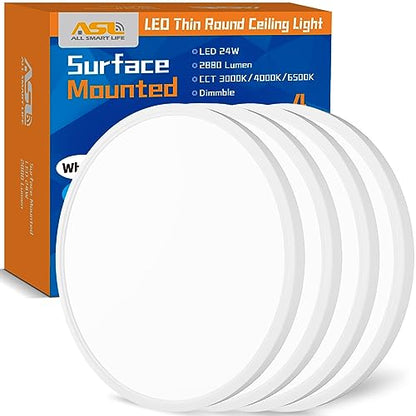 Allsmartlife 4-Pack LED Flush Mount Ceiling Light, 12inch 24W 2880lm Dimmable CCT 3000K/4000K/6500K Edge-Lit Thin White Round Flat Panel Light Surface Mount for Kitchen，Hallway，Bedroom - color: White, size: 12inch 4-Pack
