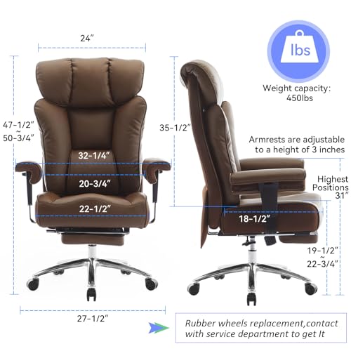 Efomao Big and Tall Office Chair 400lbs - Heavy Duty Executive Desk Chair with Foot Rest & 23" Wide Seat - High Back Ergonomic Leather Computer Chair for Heavy People, Home Office, Brown - color: 3060-brown
