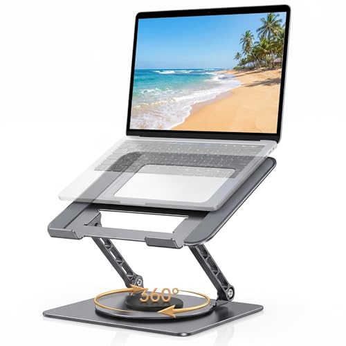 Aluminum Laptop Stand for Desk, Heavy Duty Computer Stand with 360° Rotating Base, Ergonomic Adjustable Height Notebook Riser, Compatible with MacBook Pro/Air, Dell, HP, 10-17” Laptops - Grey - color: Space Gray