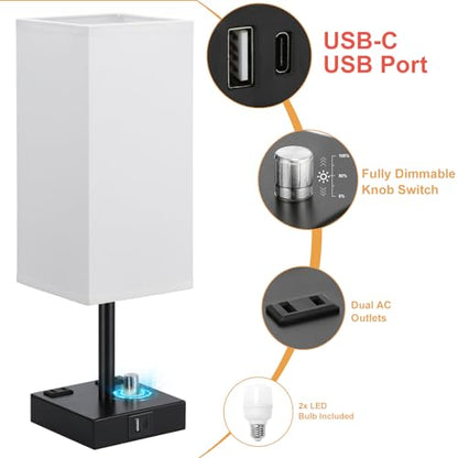 White Bedside Table Lamps Set of 2 - Dimmable, USB C+A, 2 AC Outlets | Stepless Dimmable by Rotary Knob, 3000K LED Bulbs Included, Square White Linen Shade, Nightstand Lamp for Living Room, Desk - color: White