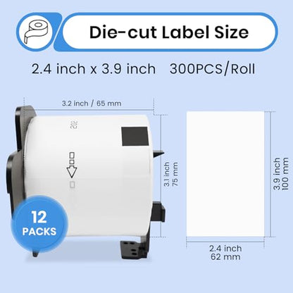 12 Roll Die-Cut Thermal Shipping Labels Compatible with Brother DK-1202 - size: 2.4" X 3.9”