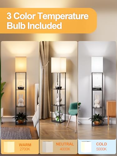 Floor Lamp with Shelves for Living Room, Shelf Floor Lamp with 3 CCT LED Bulb, Corner Display Standing Column Lamp Etagere Organizer Tower Nightstand with White Linen Shade for Bedroom, Office - color: Black