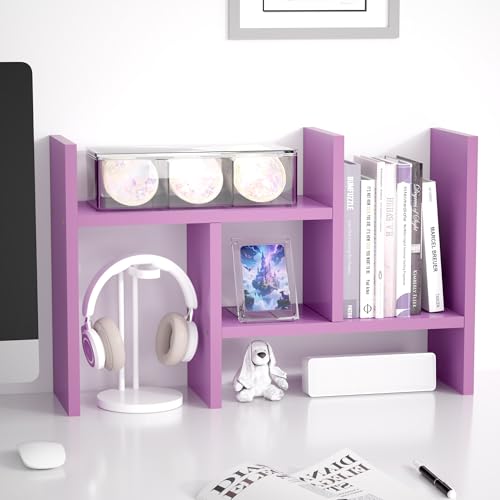 Jerry & Maggie Desktop Organizer Office Storage Rack Adjustable Wood Display Shelf Free Style Double H, Multi-Functional Mini Bookshelf for Desk Natural Stand (Violet) - color: Violet