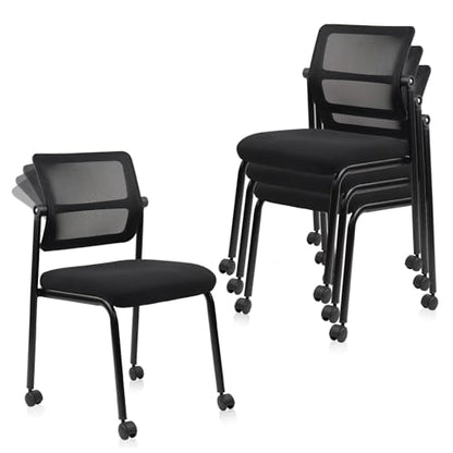 CLATINA Stacking Armless Office Guest Chair with Wheels, Stackable Mesh Waiting Room Reception Desk Chairs with Adjustable Backrest for Conference Lobby Side School, Black, 4PK - size: 4 Pack
