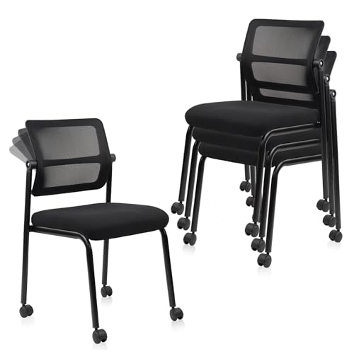 CLATINA Stacking Armless Office Guest Chair with Wheels, Stackable Mesh Waiting Room Reception Desk Chairs with Adjustable Backrest for Conference Lobby Side School, Black, 4PK - size: 4 Pack