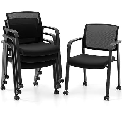 COSTWAY Stackable Office Guest Chairs Set of 4 with Wheels and Armrests | Conference Room Chairs with Mesh Backrest and Upholstered Seat, Ergonomic Waiting Room Chairs for Office Home Reception Area - size: 4 Pack, style: with Wheels