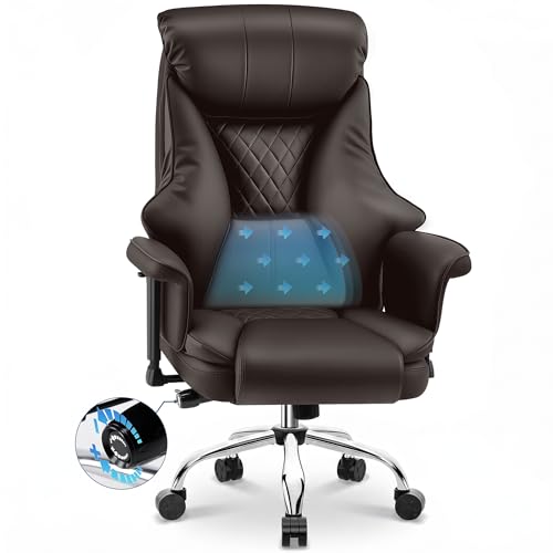 Big and Tall Office Chair - Executive High Back Leather Office Desk Chair with Adjustable Lumbar Support - Ergonomic Comfortable Heavy Duty Computer Gaming Chair with Padded Arms & Wide Seat - color: Brown