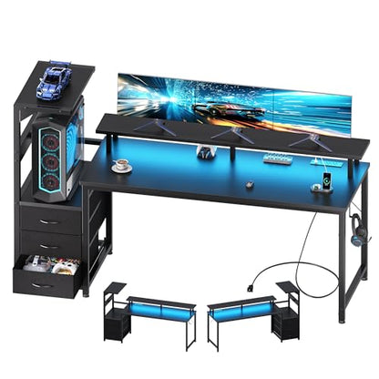 59" Reversible Gaming Desk with LED Lights Power Outlets, Black | Computer Desk with Drawers Can be Used to Store Odds and Handles, Elevated PC Stand To Help You Showcase Your DIY Cases. - color: Black, size: 60 In