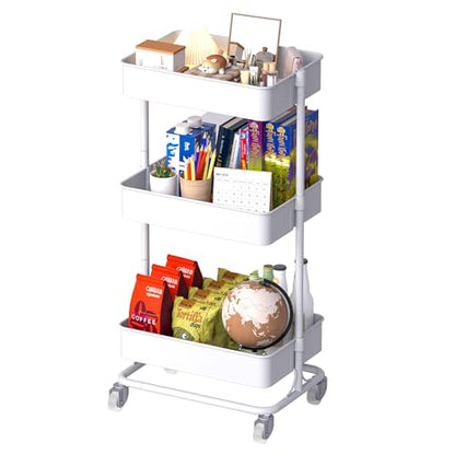 TECBOT 3 Tier Metal Rolling Cart with Wheels, Utility Storage Cart with Handle and Lockable Casters, Storage Basket Organizer Shelves, Easy Assemble for Kitchen, Living Room, Office, Nursery, White