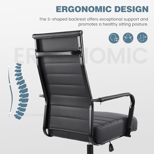 JOMEED Office Desk Chair,Conference Room Chair,High Back PU Leather Swivel | Modern Executive Ribbed Design, Ergonomic, Height Adjustable, Wheels and Arms, for Home Office(Black-Black Frame) - color: Black-black Frame